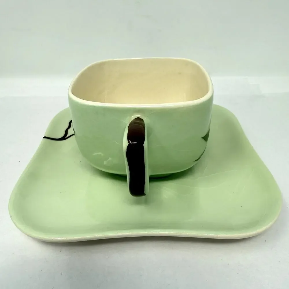 Weil Ware California Pottery Cup & Plate Set Hand Decorated Bamboo Lotus Vintage